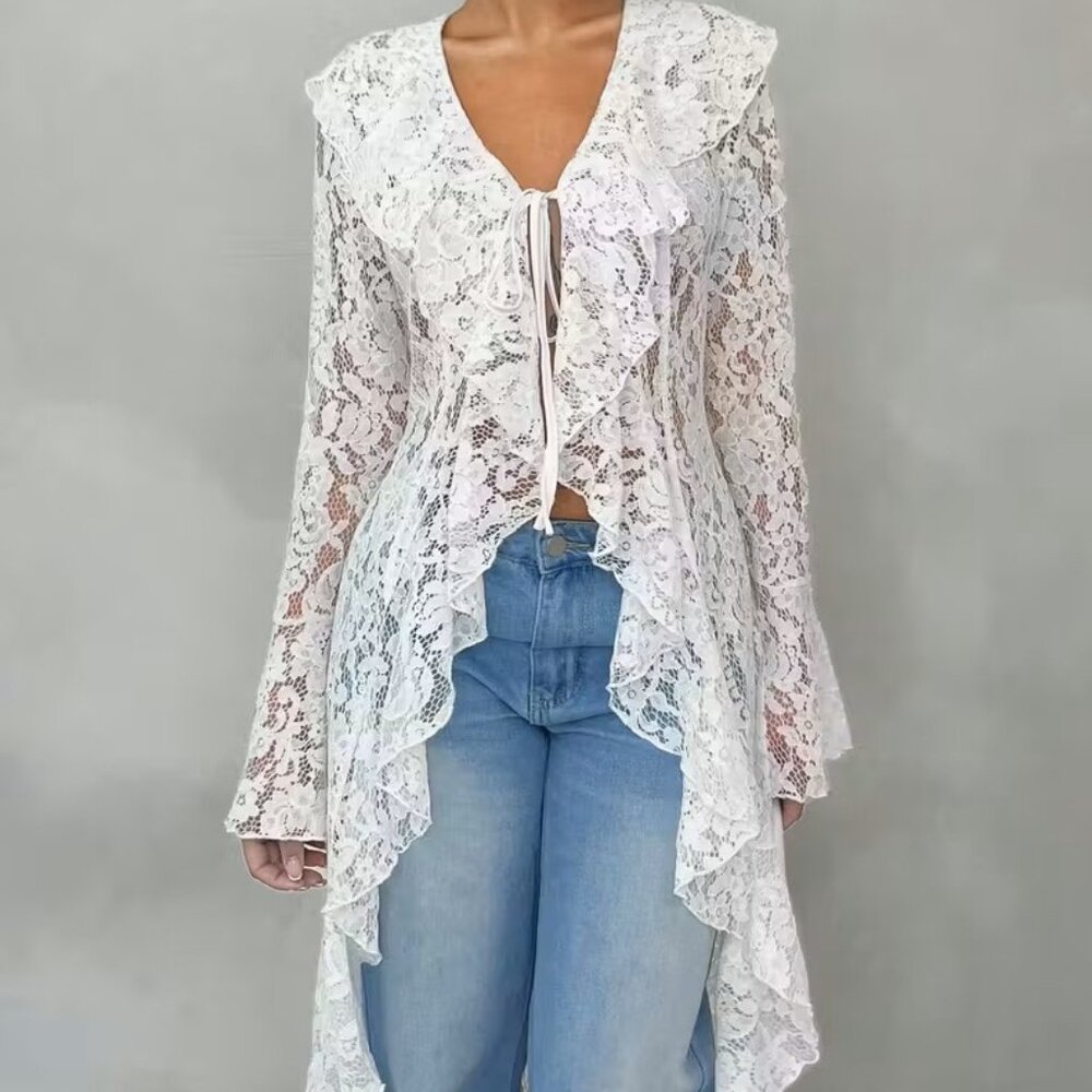 New Elegant Sheer Lace Trim Women's Long Thin Coat L XL